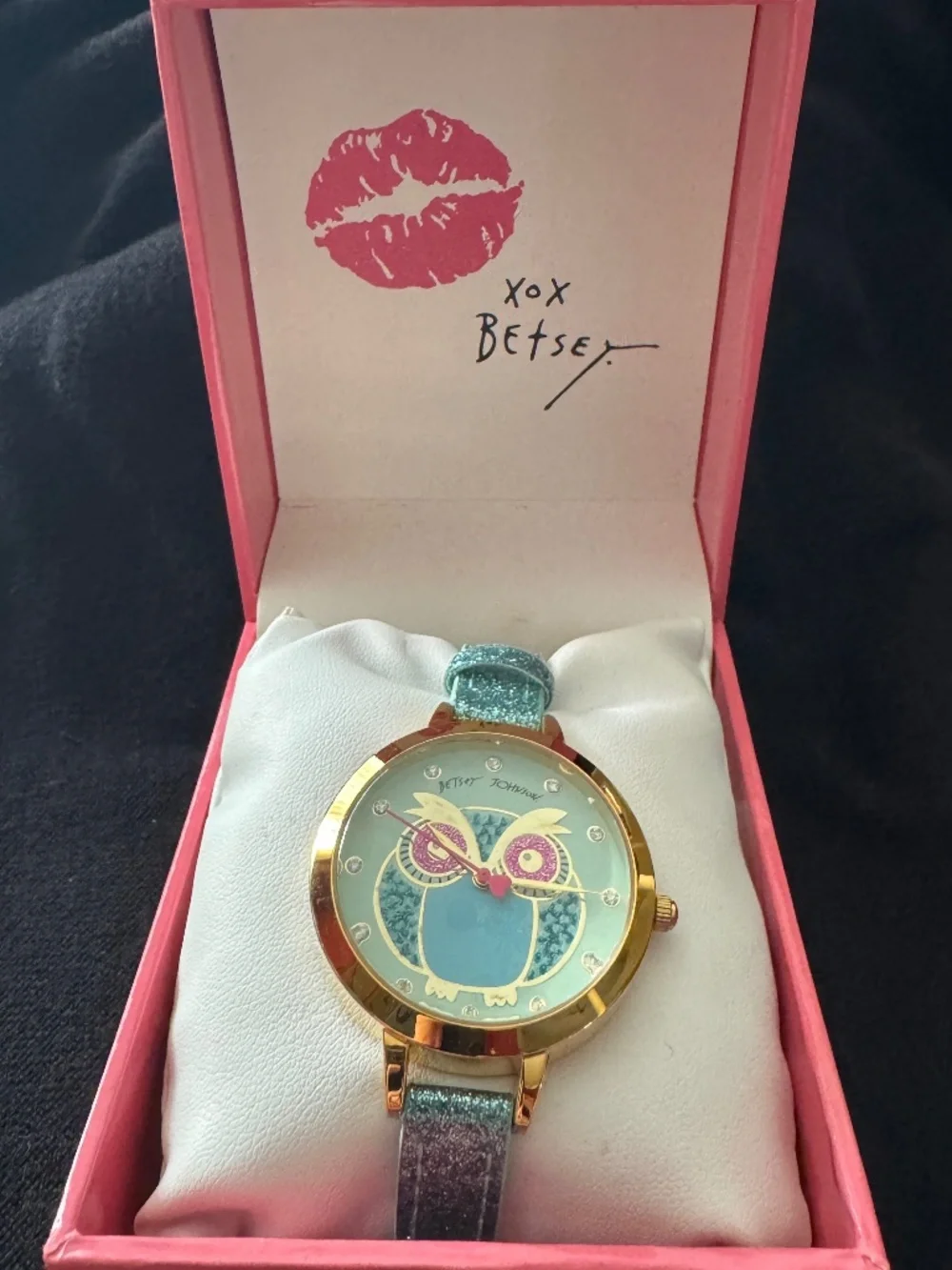 NIB Betsey Johnson Owl Dial watch w/gold-toned bezel and a teal leather band